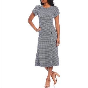 Calvin Klein Navy Gingham Tulip Sleeve Midi Dress